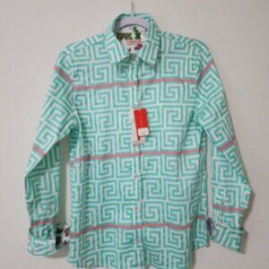 Dizzy-Lizzie Aqua Pink Top MD Cotton-Blend Flip-Cuff Womens Tizzie Shirt #402